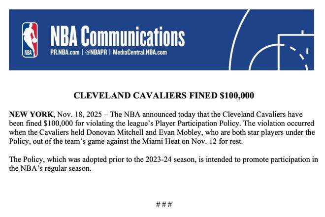 NBA官方：骑士违反球员出场政策被罚10万美元 战热火轮休两大球星